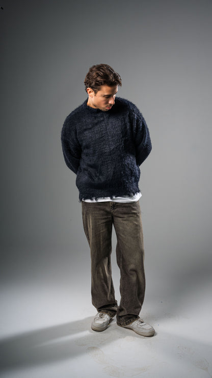 Navy-Black Mohair Crewneck