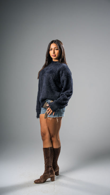 Navy-Black Mohair Crewneck